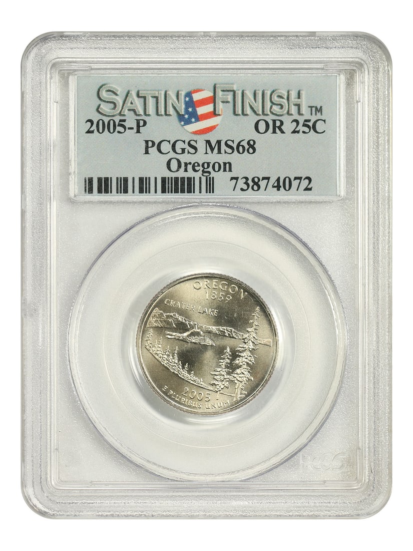 PCGS MS68 2005 P Oregon 25C Washington State Quarter Satin Finish: PCGS MS68 2005 P Oregon 25C Washington State Quarter Satin Finish 2005-P Oregon Washington 50 States Quarter certified by PCGS as MS68 with a satin finish. This uncirculated 25C coin is a pre-owned ex