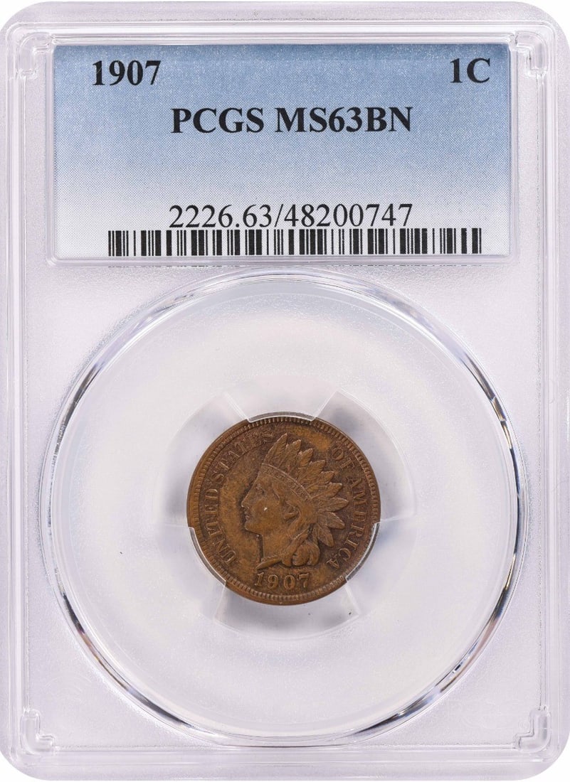 PCGS MS63BN 1907 Indian Head Copper Cent: PCGS MS63BN 1907 Indian Head Copper Cent This is a 1907 Indian Head Cent graded MS63BN by PCGS. The coin is uncirculated and composed of copper. It features the classic Indian Head design and is from 