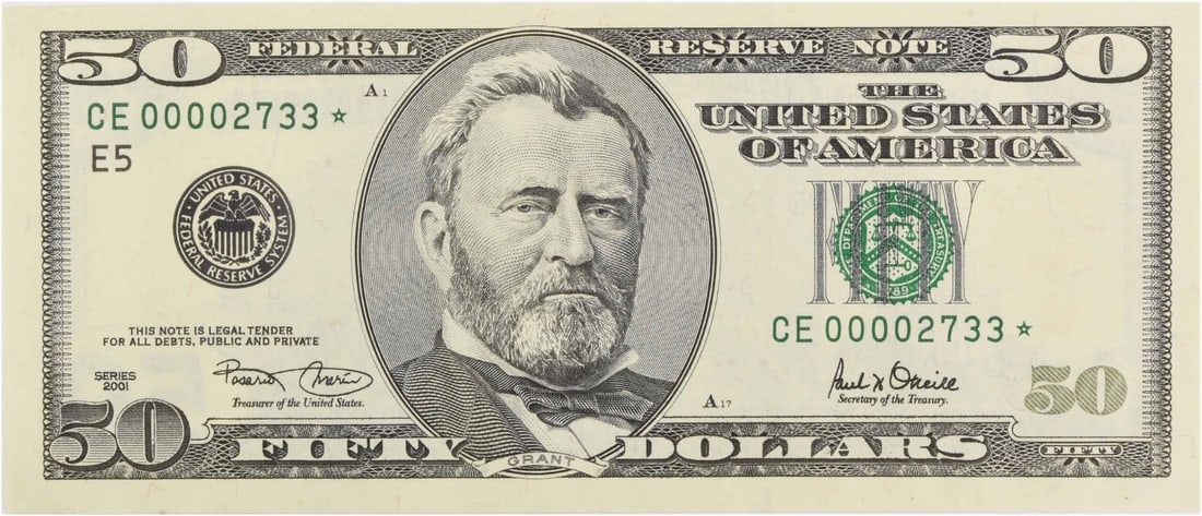 2001 $50 FR2127-E* Federal Reserve Star Note Choice Uncirculated: 2001 $50 FR2127-E* Federal Reserve Star Note Choice Uncirculated 2001 $50 Federal Reserve Bank star note, FR2127-E*, offered in uncirculated pre-owned condition. This note is uncertified and presented