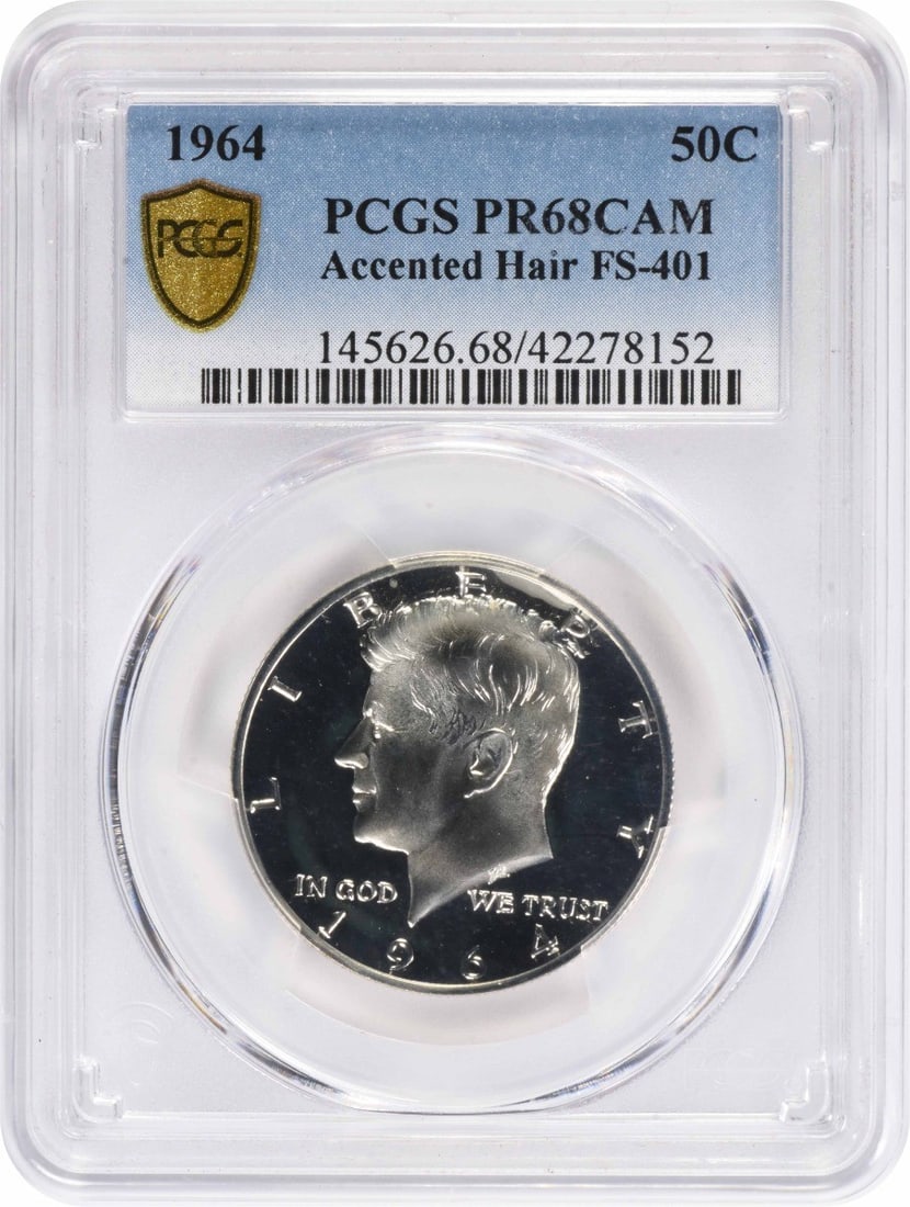 PCGS PR68CAM 1964 Kennedy 50C Silver Proof FS-401: PCGS PR68CAM 1964 Kennedy 50C Silver Proof FS-401 1964 Kennedy Silver Half Dollar, FS-401 variety, graded PR68CAM by PCGS. This proof issue is an uncirculated pre-owned coin from the United States. Sp