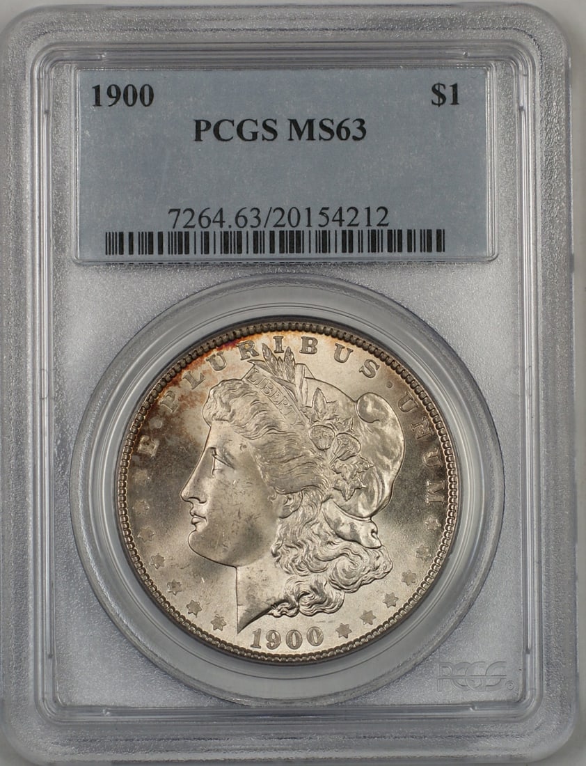 1900 Philadelphia Morgan Silver Dollar PCGS MS63 Toned Uncirculated: 1900 Philadelphia Morgan Silver Dollar PCGS MS63 Toned Uncirculated This is a 1900 Morgan Silver Dollar $1 coin from the United States, certified by PCGS with a grade of MS-63. The coin features attra