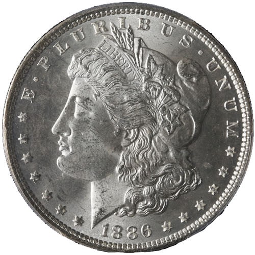 PCGS MS65 1886 P Morgan Silver Dollar Blast White Gem: PCGS MS65 1886 P Morgan Silver Dollar Blast White Gem This 1886-P Morgan Silver Dollar is certified by PCGS with a grade of MS65, indicating its uncirculated condition and high quality. The coin featu