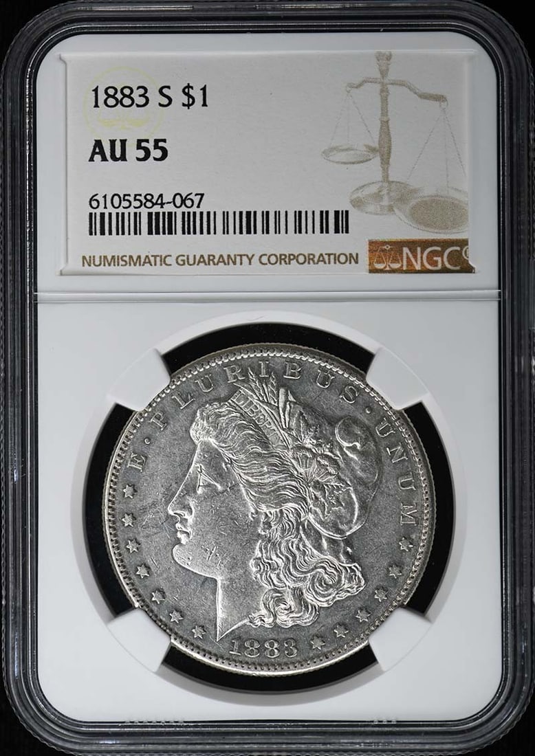 NGC AU55 1883-S Morgan Silver Dollar: NGC AU55 1883-S Morgan Silver Dollar 1883-S Morgan Dollar certified by NGC and graded AU55. This circulated, pre-owned United States silver dollar is an example of the Morgan Dollar series struck at t