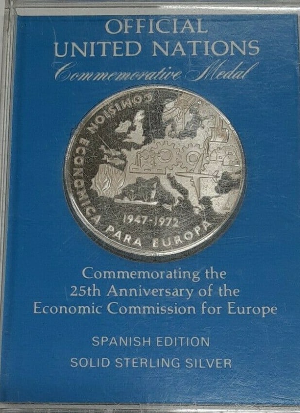 Franklin Mint 1972 Sterling Silver UN ECE Anniversary Medal Spanish Edition (1 of 2)