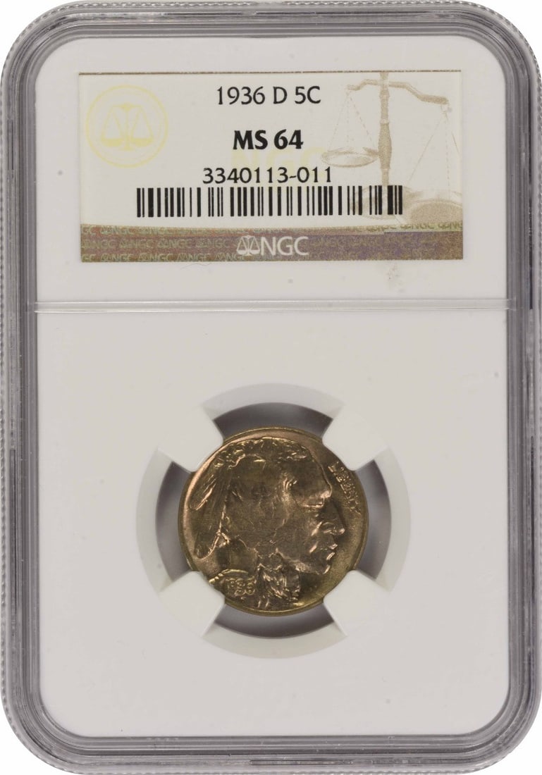 NGC MS64 1936 D Buffalo 5C Nickel: NGC MS64 1936 D Buffalo 5C Nickel 1936-D Buffalo nickel certified by NGC. This pre-owned United States 5-cent coin is listed as uncirculated and features the Buffalo design by James Earle Fraser. Spec
