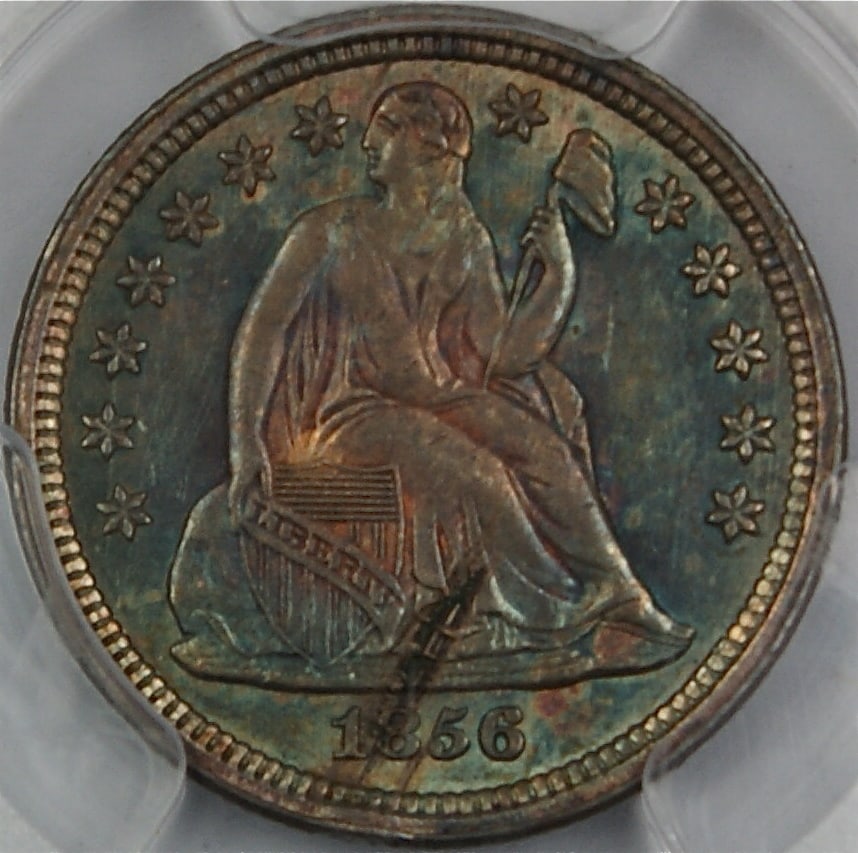 PCGS Genuine AU Details 1856 Seated Liberty Dime Small Date: PCGS Genuine AU Details 1856 Seated Liberty Dime Small Date 1856 Seated Liberty silver dime certified by PCGS as Genuine with Planchet Flaw and AU Details. This is a circulated Small Date variety from