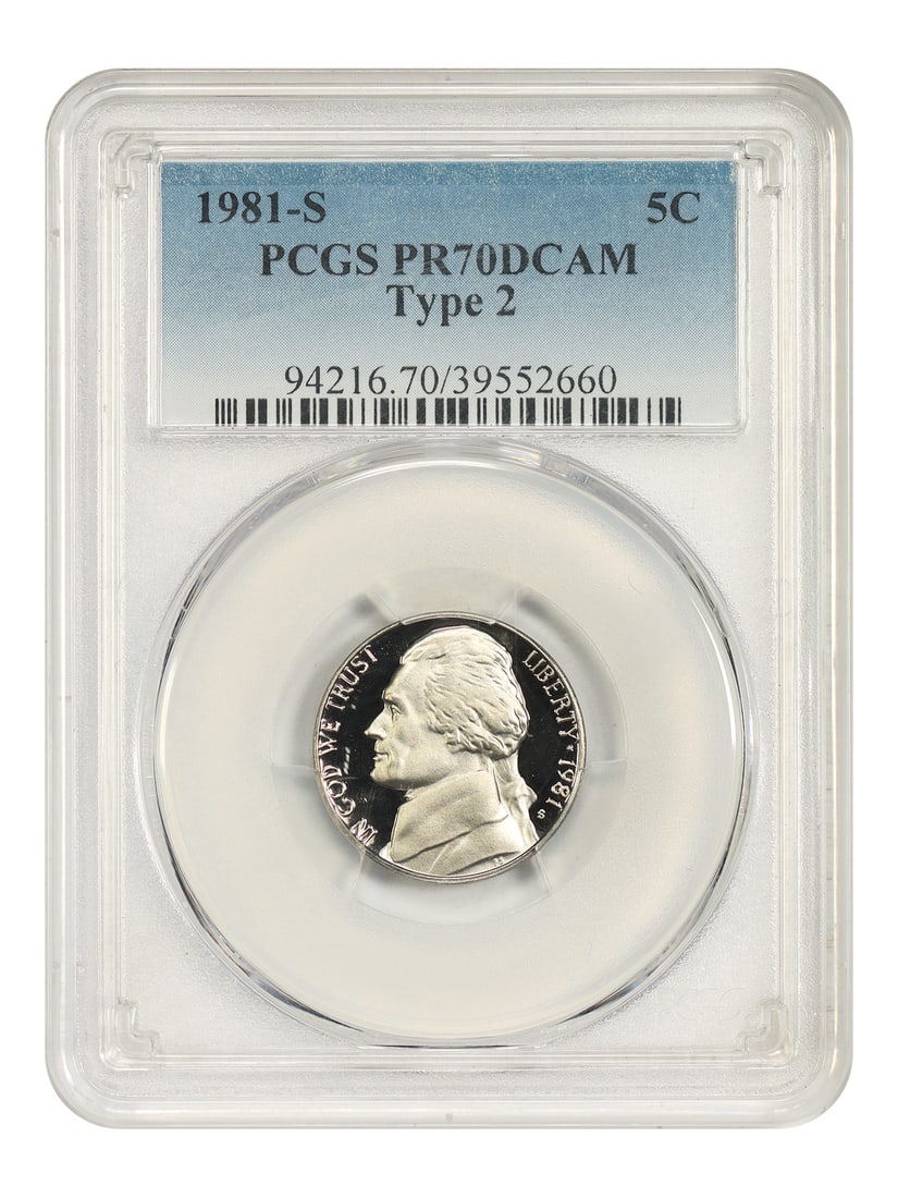 Jefferson Nickel 1981-S 5C Type 2 PCGS PR70DCAM: Jefferson Nickel 1981-S 5C Type 2 PCGS PR70DCAM 1981-S Jefferson Nickel graded PCGS PR70DCAM, Type 2. This pre-owned coin is listed as uncirculated and certified by PCGS. Specifications Denomination: 