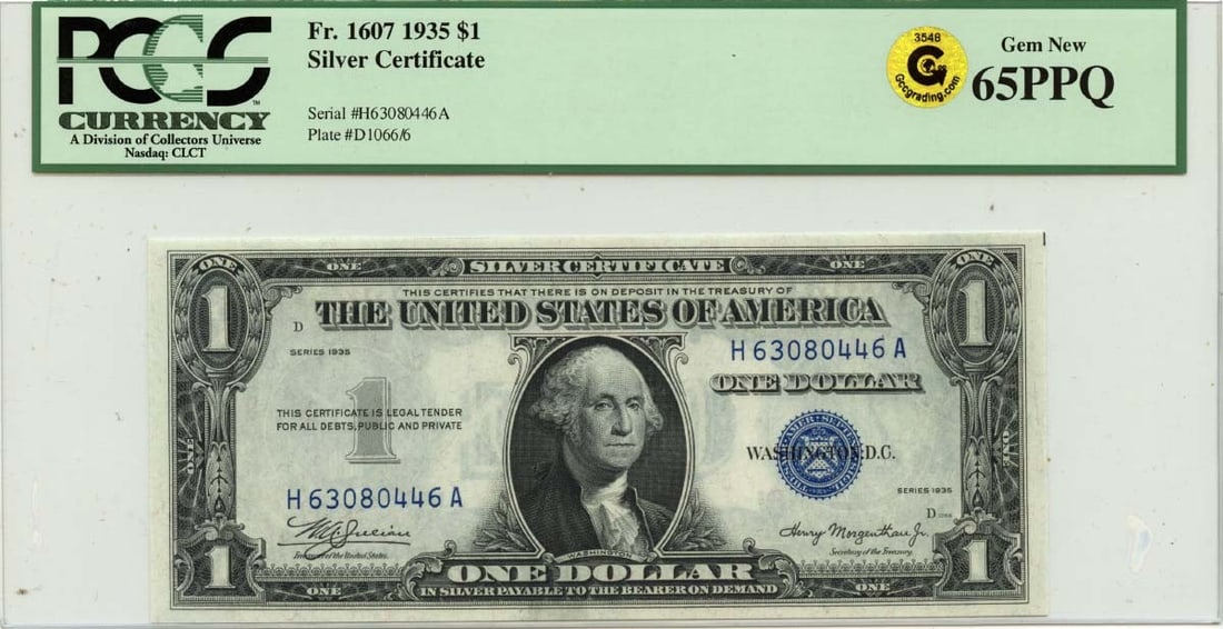 1935 $1 Silver Certificate FR#1607 PCGS Gem 65 PPQ Currency: 1935 $1 Silver Certificate FR#1607 PCGS Gem 65 PPQ Currency This 1935 $1 Silver Certificate, designated as FR#1607, is graded as Gem 65 by PCGS Currency, ensuring its exceptional quality. It remains u