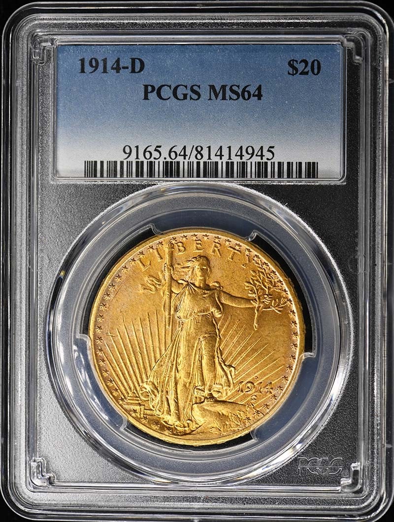 PCGS MS64 1914-D Saint Gaudens $20 Gold Coin: PCGS MS64 1914-D Saint Gaudens $20 Gold Coin 1914-D Saint Gaudens $20 gold coin graded MS64 by PCGS. This pre-owned coin is an uncirculated example from the United States and features the Saint Gauden