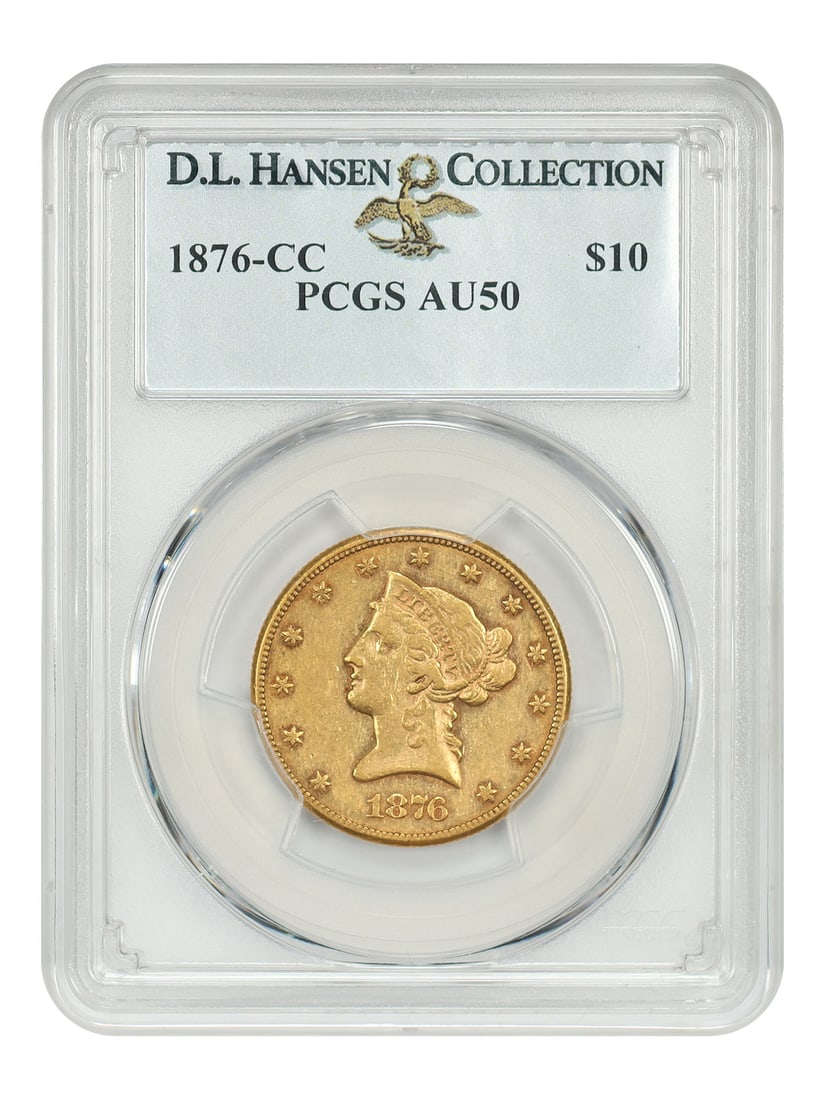 PCGS AU50 1876-CC Liberty Head $10 Gold Coin D.L. Hansen: PCGS AU50 1876-CC Liberty Head $10 Gold Coin D.L. Hansen 1876-CC Liberty Head $10 gold coin, graded PCGS AU50 and from the D.L. Hansen Collection. This circulated Carson City issue has a mintage of ju