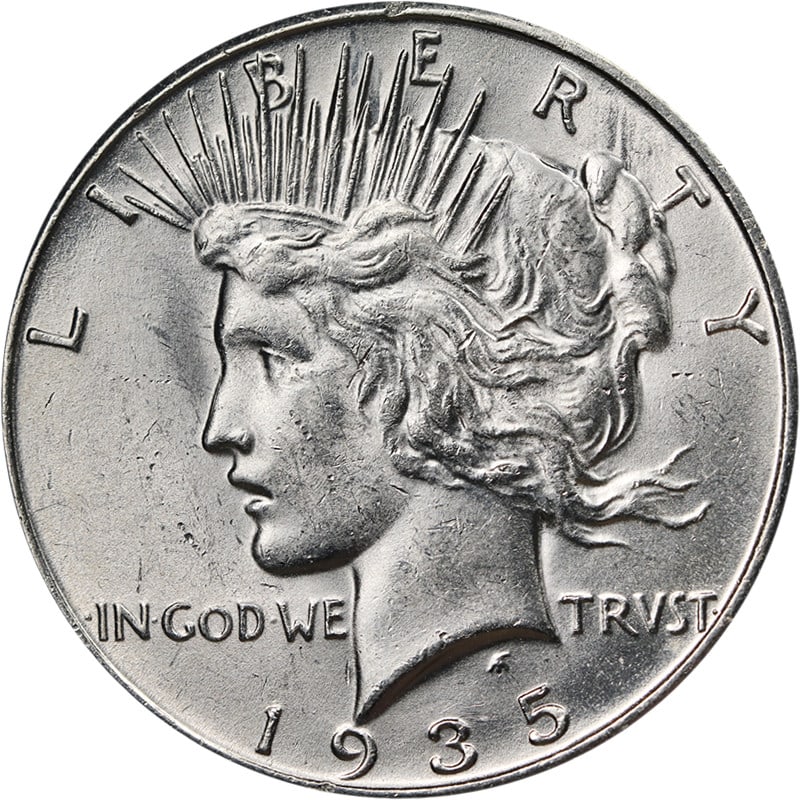 1935 S Peace Dollar Silver Coin Uncertified BU Uncirculated: 1935 S Peace Dollar Silver Coin Uncertified BU Uncirculated 1935-S Peace Dollar silver coin with a Nice BU grade. This uncirculated, pre-owned coin is described as having nice eye appeal, nice luster,