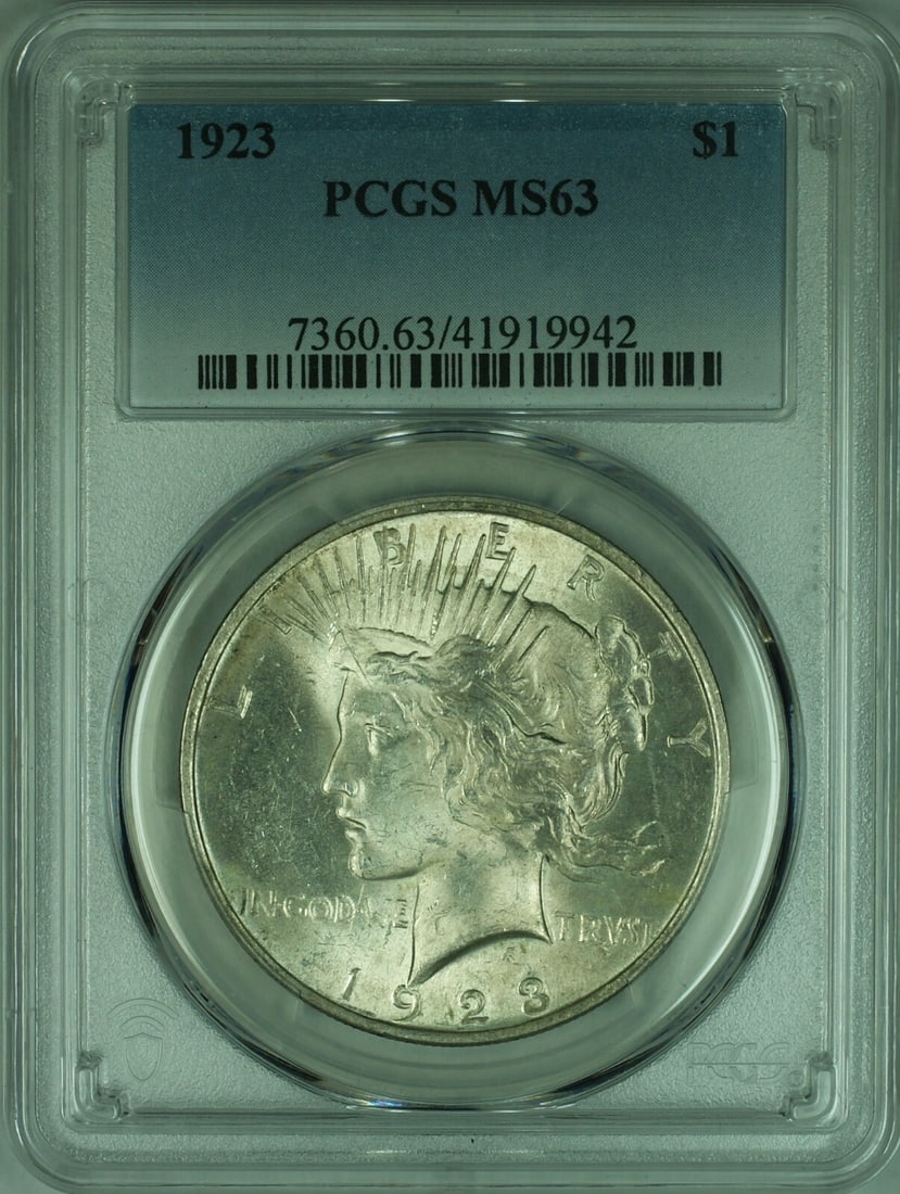 PCGS MS-63 1923 Peace Dollar Silver $1 Coin: PCGS MS-63 1923 Peace Dollar Silver $1 Coin This 1923 Peace Silver Dollar is certified by PCGS with a grade of MS-63, indicating an uncirculated condition. Minted in Philadelphia, it is composed of si