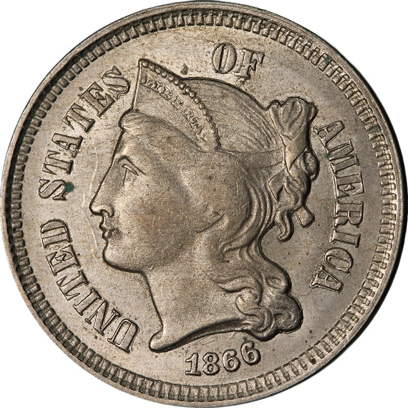 1866 United States 3 Cent Nickel Uncirculated Coin: 1866 United States 3 Cent Nickel Uncirculated Coin Original 1866 Three Cent Nickel coin with uncirculated detail and attractive overall appearance. Described as having nice eye appeal, nice luster, av