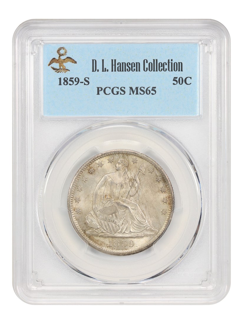 PCGS MS65 1859 S Liberty Seated Half Dollar ex D.L. Hansen: PCGS MS65 1859 S Liberty Seated Half Dollar ex D.L. Hansen 1859-S Liberty Seated Half Dollar certified by PCGS as MS65. From a mintage of only 566,000, the 1859-S Seated Liberty half is difficult to l