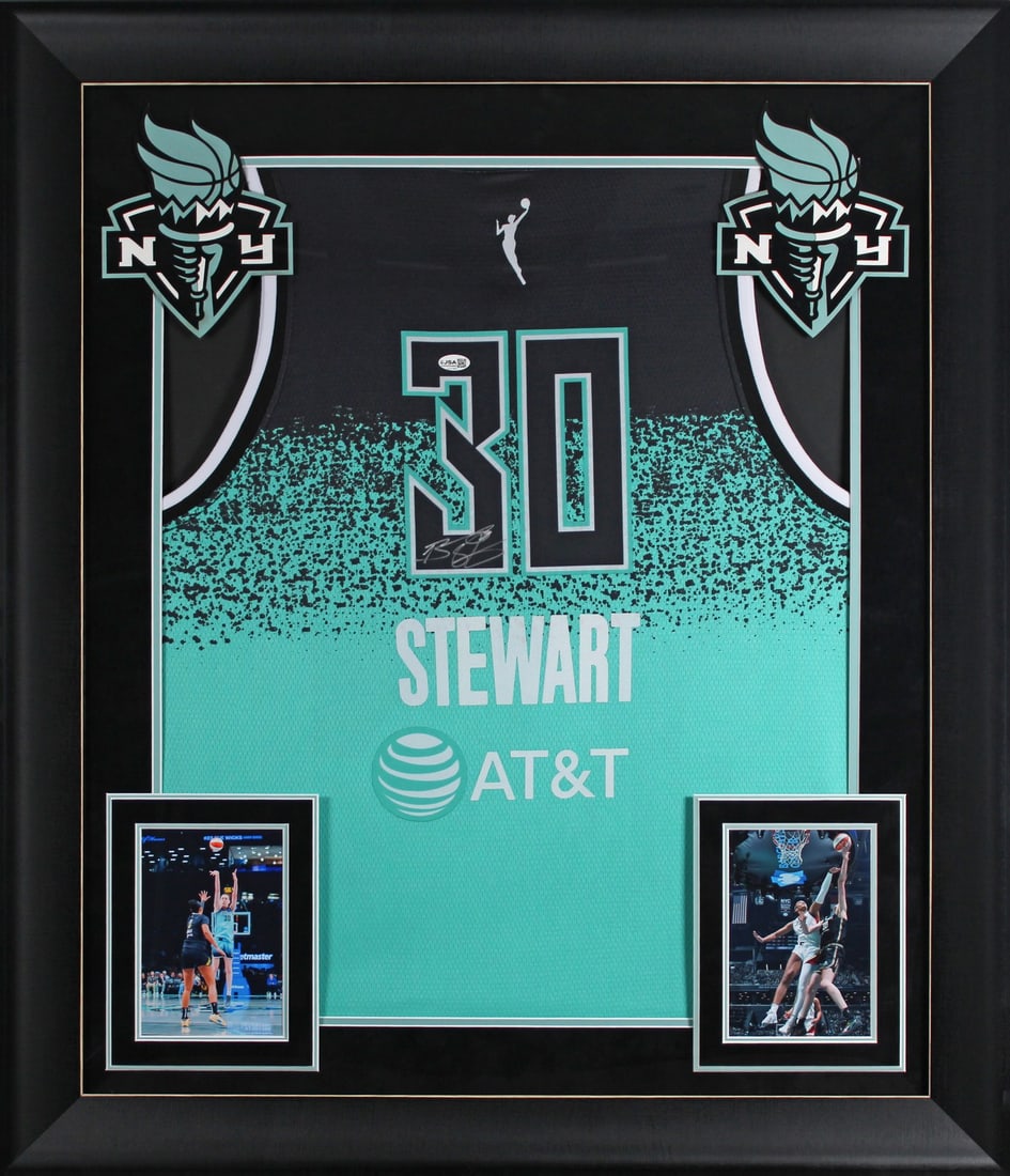 Framed Nike Jersey signed by Breanna Stewart New York Liberty JSA: Framed Nike Jersey signed by Breanna Stewart New York Liberty JSA Framed black and green Nike jersey signed by Breanna Stewart of the New York Liberty. This original autographed piece includes JSA aut