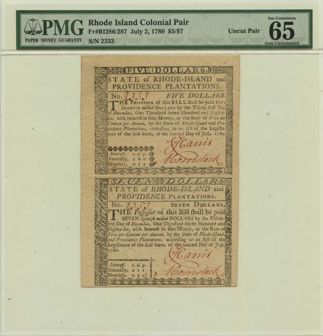1780 Rhode Island Colonial Currency Uncut Pair PMG GEM 65 EPQ RI286/287: 1780 Rhode Island Colonial Currency Uncut Pair PMG GEM 65 EPQ RI286/287 This is a rare pair of Rhode Island Colonial Currency notes from July 2, 1780, designated as RI286/287. Both notes have been gra