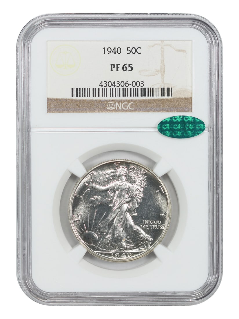 NGC CAC PR65 1940 Walking Liberty 50C Half Dollar: NGC CAC PR65 1940 Walking Liberty 50C Half Dollar 1940 Walking Liberty Half Dollar graded NGC PR65 with CAC approval. This uncirculated proof issue was struck in Philadelphia, with a mintage of 11,279