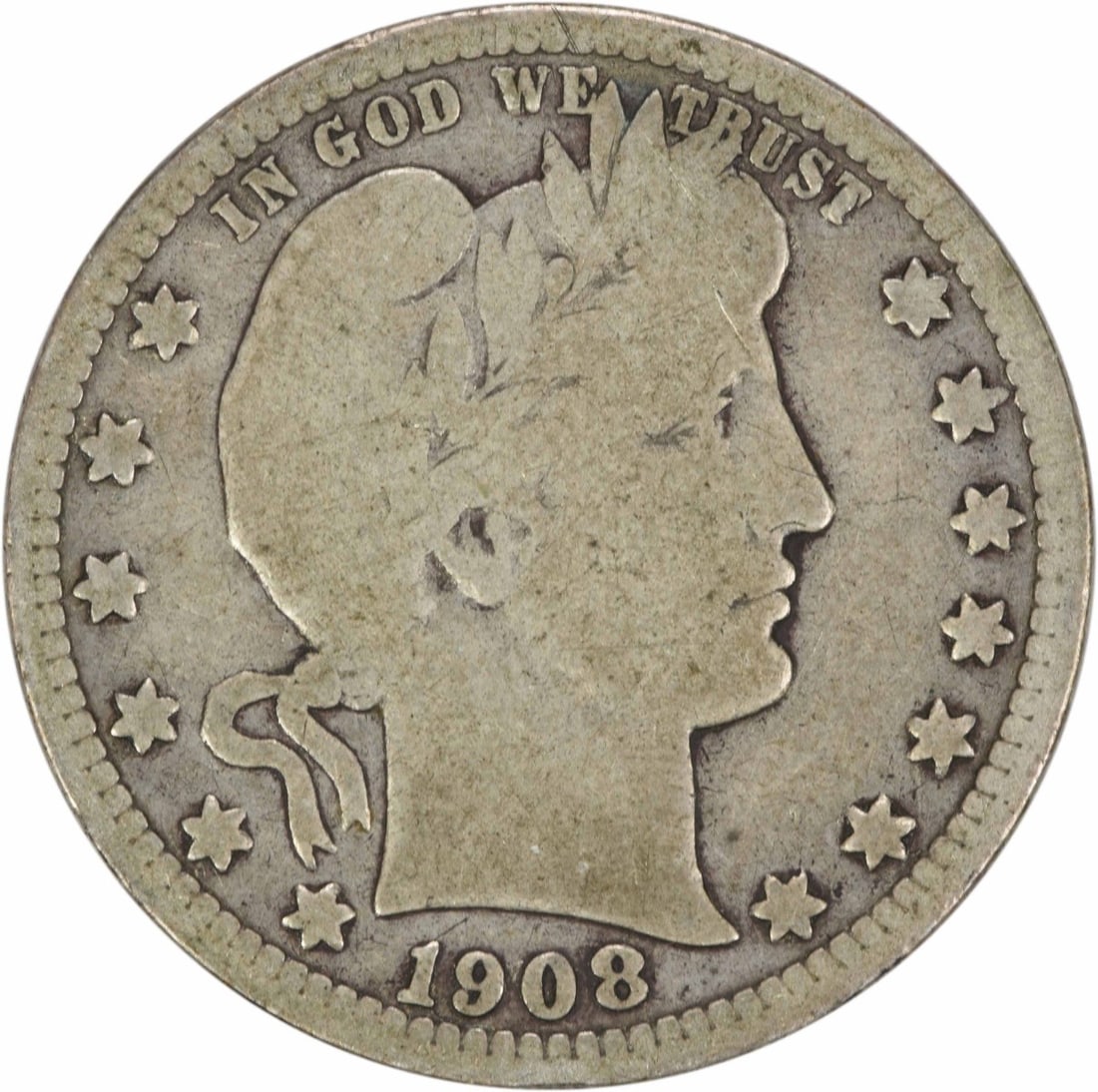1908-S Barber Quarter 25C VG Uncertified 90% Silver Coin: 1908-S Barber Quarter 25C VG Uncertified 90% Silver Coin This 1908-S Barber Silver Quarter is a notable piece of U.S. numismatic history. Struck at the San Francisco Mint, this quarter features the ic