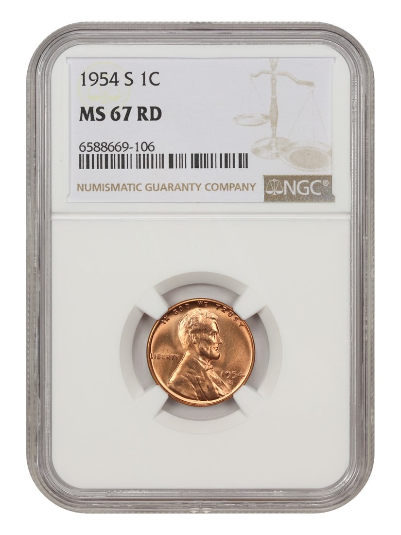 NGC MS67RD 1954-S Lincoln Wheat Cent 1C San Francisco Mint: NGC MS67RD 1954-S Lincoln Wheat Cent 1C San Francisco Mint Certified 1954-S Lincoln Cent with Wheat Reverse, graded NGC MS67RD. This uncirculated example is described as a blazing red gem and is prese