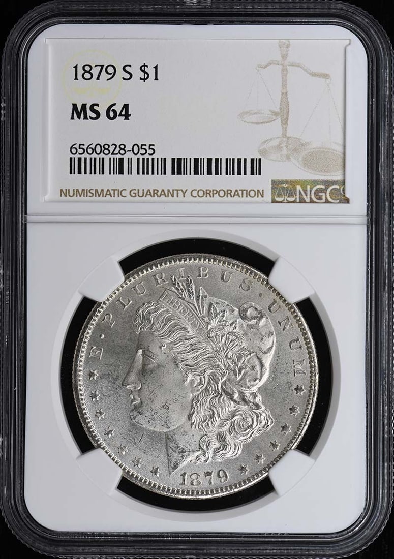 NGC MS64 1879-S United States Morgan Silver Dollar: NGC MS64 1879-S United States Morgan Silver Dollar 1879-S Morgan Dollar graded MS64 by NGC. This uncirculated United States silver dollar is a pre-owned certified coin from the San Francisco Mint. Spe