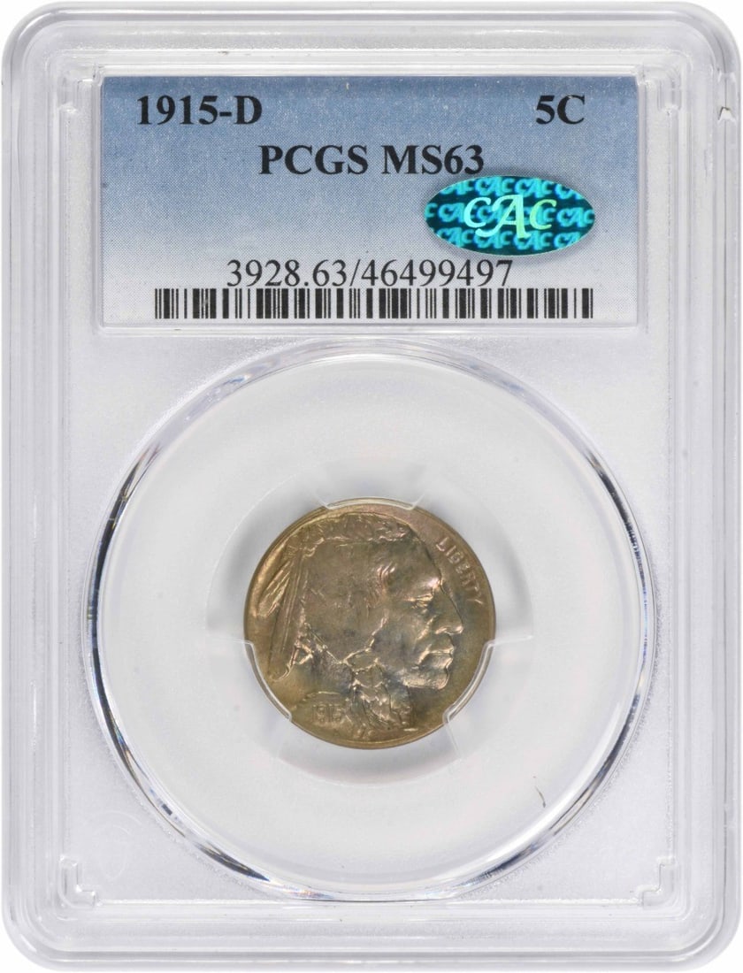 PCGS MS63 1915-D 5C Buffalo Nickel CAC: PCGS MS63 1915-D 5C Buffalo Nickel CAC 1915-D Buffalo nickel certified by PCGS and graded MS63, with CAC designation. This pre-owned United States 5-cent coin is an uncirculated example of the Buffalo