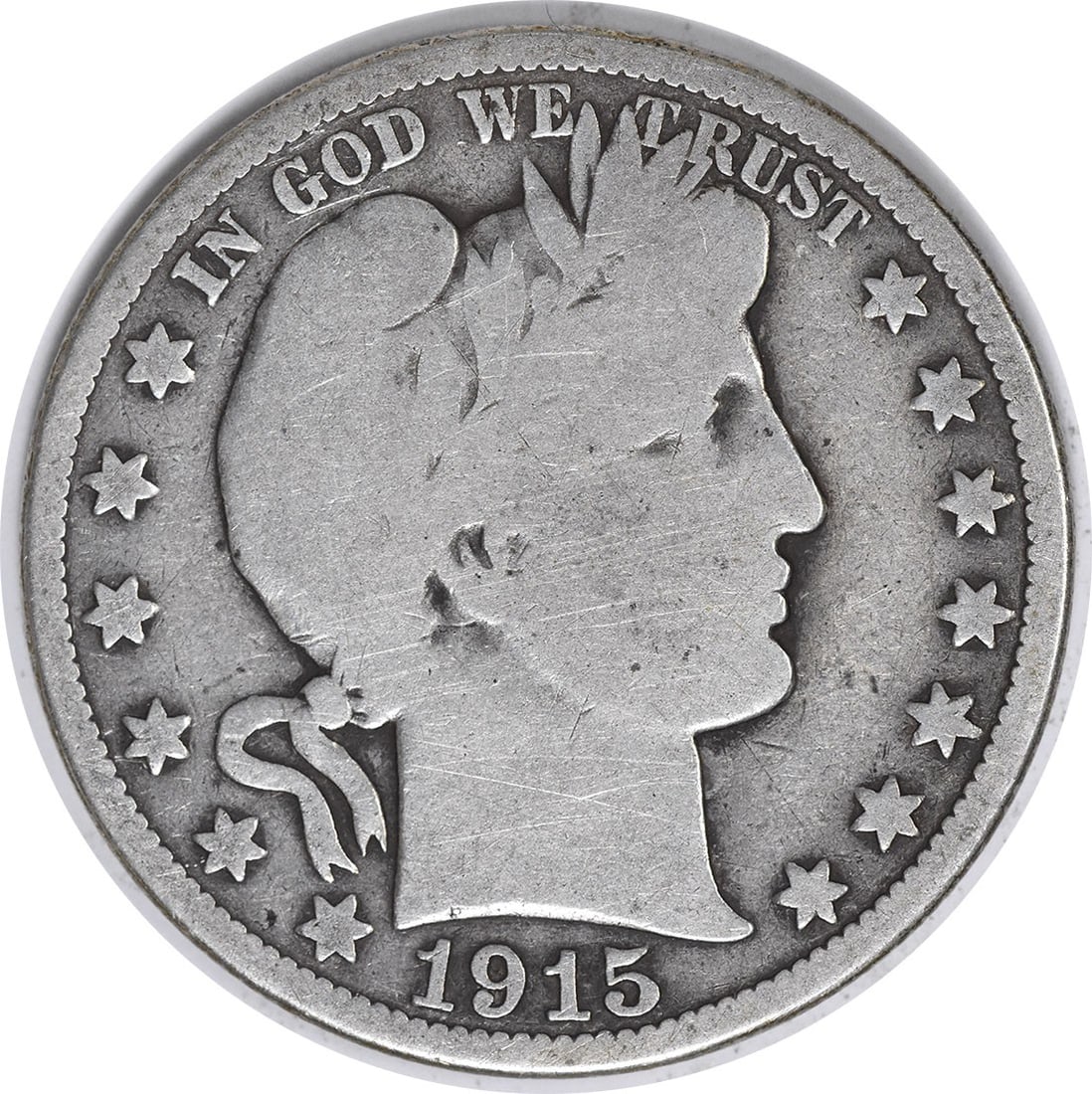 1915 United States Barber 50C Silver Half Dollar VG Uncertified: 1915 United States Barber 50C Silver Half Dollar VG Uncertified 1915 Barber Half Dollar coin in circulated, pre-owned condition with a VG grade. This uncertified United States 50C coin is composed of 