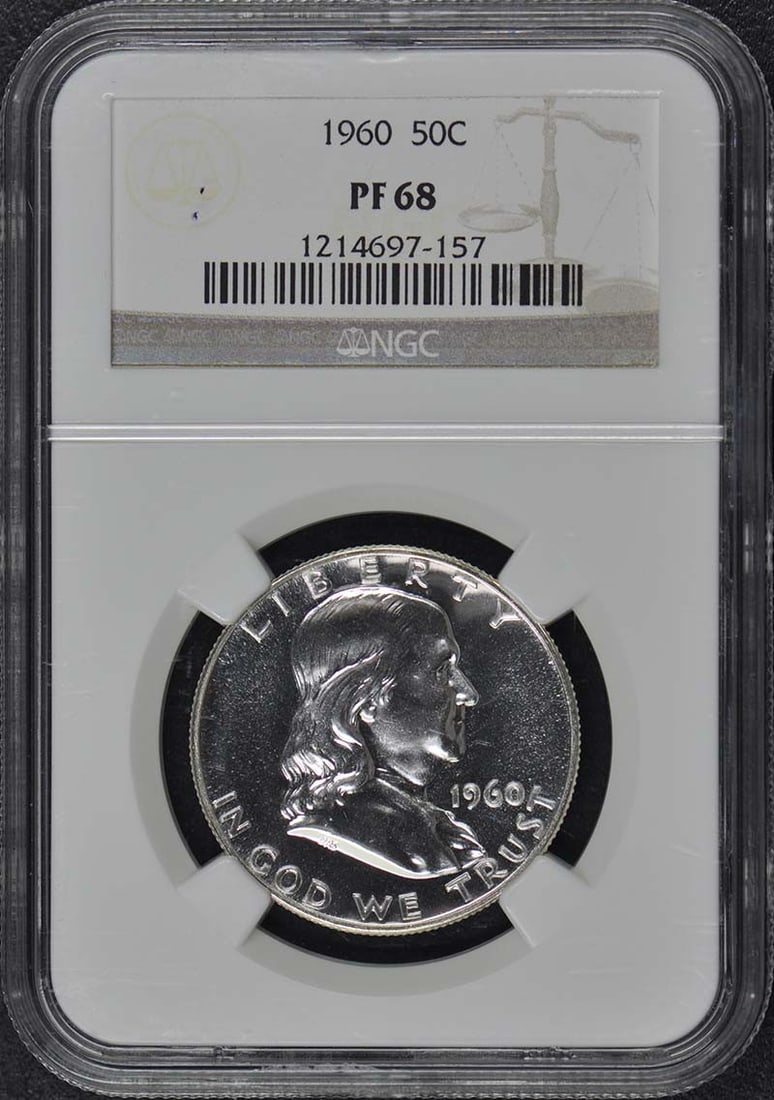 NGC PR68 1960 Franklin 50C Proof Half Dollar: NGC PR68 1960 Franklin 50C Proof Half Dollar 1960 Franklin Half Dollar certified by NGC and graded PR68. This proof-strike United States coin is an uncirculated, pre-owned example housed in a protecti