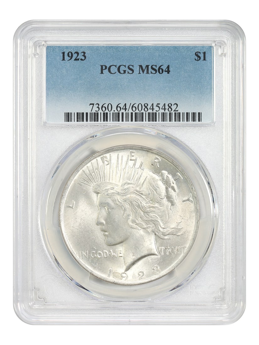 1923 Peace Dollar $1 PCGS MS64 Philadelphia: 1923 Peace Dollar $1 PCGS MS64 Philadelphia 1923 Peace Dollar certified by PCGS in MS64 grade. This pre-owned coin is an uncirculated example struck in Philadelphia. Specifications Denomination: $1 Ye