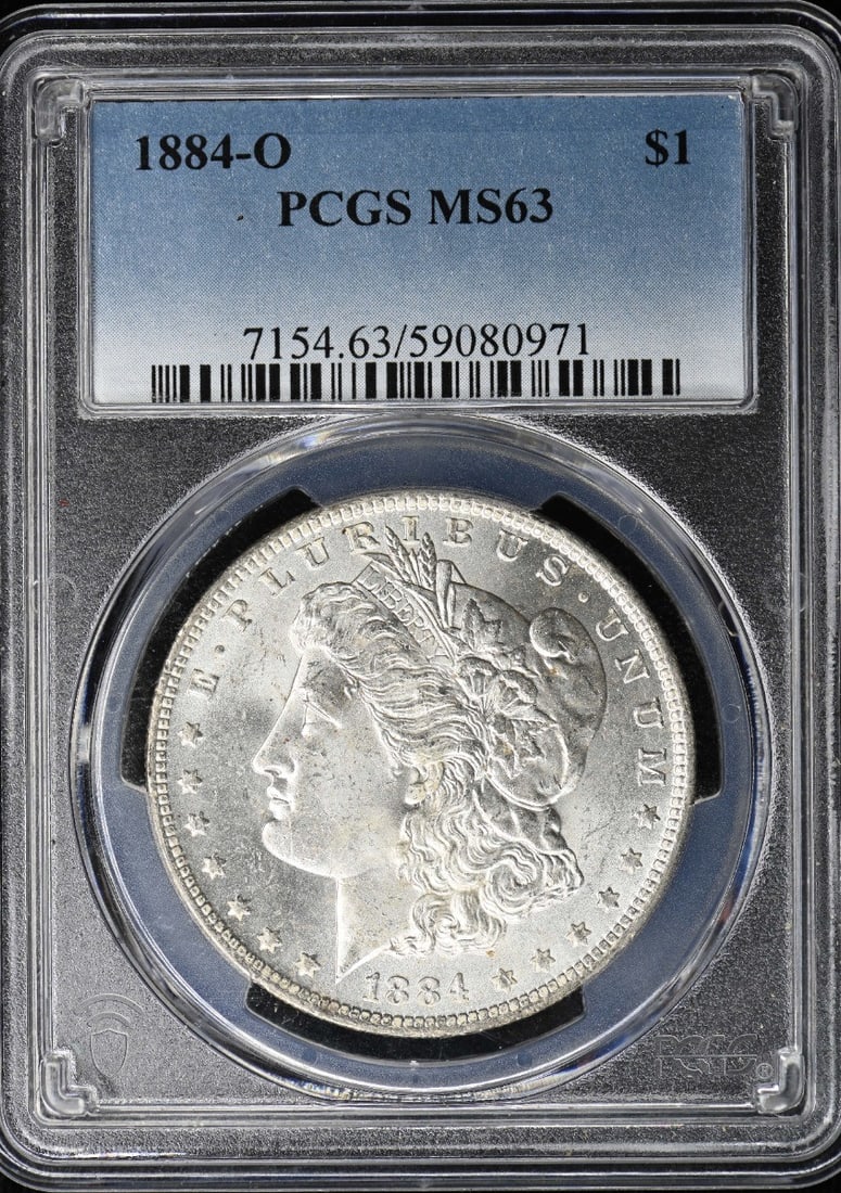 PCGS MS63 1884 O Morgan Silver Dollar $1: PCGS MS63 1884 O Morgan Silver Dollar $1 1884-O Morgan Dollar certified by PCGS and graded MS63. This pre-owned coin is an uncirculated United States silver dollar from the Morgan Dollar series. Speci