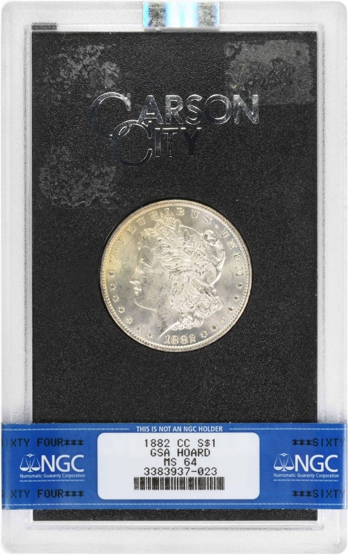 NGC MS64 1882 CC Morgan Dollar in GSA Holder: NGC MS64 1882 CC Morgan Dollar in GSA Holder 1882-CC Morgan Silver Dollar certified by NGC and housed in a GSA holder. This uncirculated coin features the classic Morgan design and is a pre-owned exam
