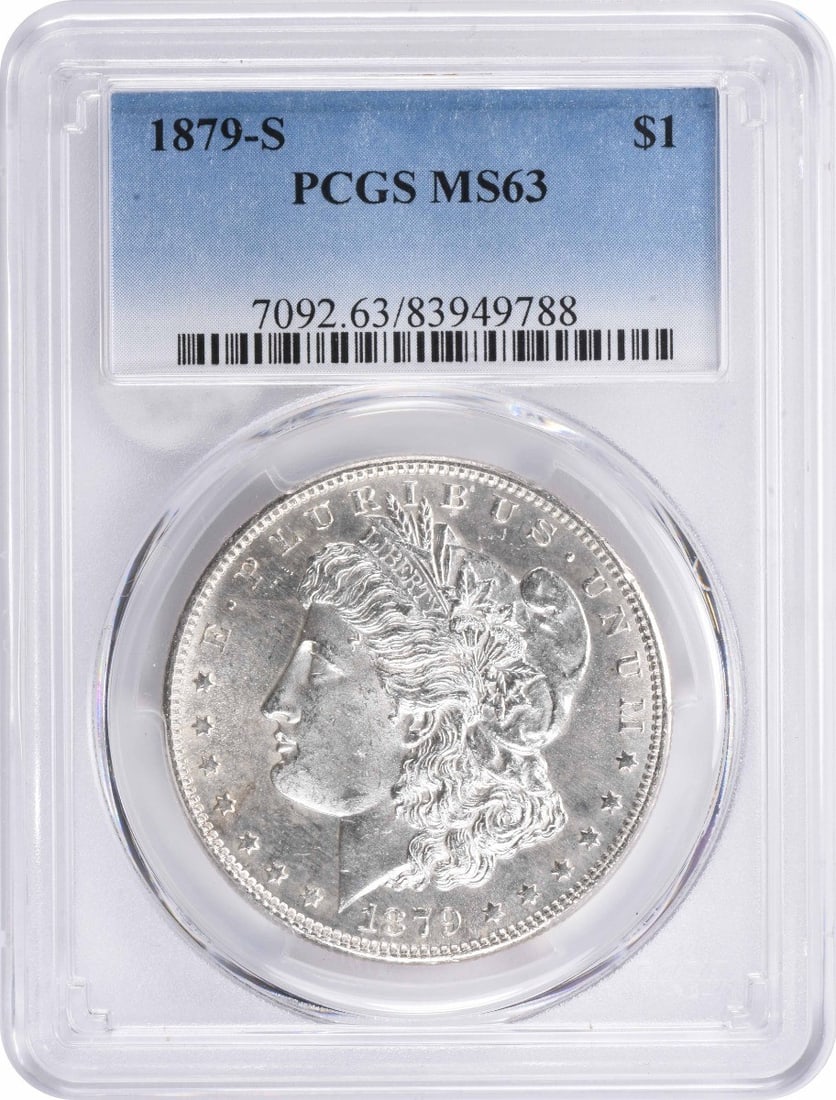 PCGS MS63 1879 S Morgan Silver Dollar $1: PCGS MS63 1879 S Morgan Silver Dollar $1 1879-S Morgan Silver Dollar graded MS63 by PCGS. This uncirculated United States $1 coin features the classic Morgan design and is struck in 90% silver and 10%