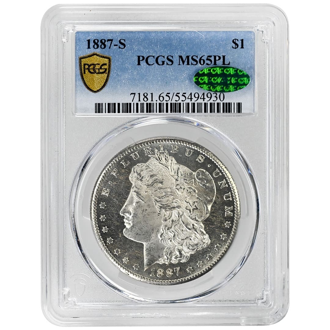 PCGS MS65PL CAC 1887-S Morgan $1 Proof Like Silver Dollar: PCGS MS65PL CAC 1887-S Morgan $1 Proof Like Silver Dollar 1887-S Morgan Silver Dollar with a Proof-Like strike, certified PCGS MS65PL and CAC approved. This pre-owned United States silver $1 coin is n