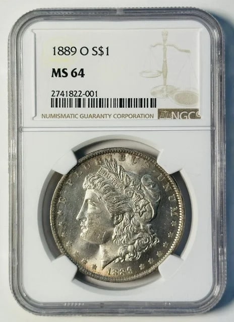 NGC MS-64 1889 O Morgan Silver Dollar: NGC MS-64 1889 O Morgan Silver Dollar 1889-O Morgan Silver Dollar graded MS 64 by NGC. This pre-owned coin is struck in silver and carries NGC certification. Specifications Item Type: Morgan Silver Do