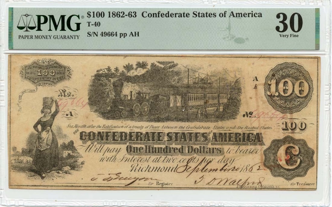 PMG VF30 1862 Confederate States of America T-40 $100 Note: PMG VF30 1862 Confederate States of America T-40 $100 Note 1862 Confederate States of America T-40 $100 note, certified by PMG and graded VF30. This pre-owned, circulated note is identified by certifi