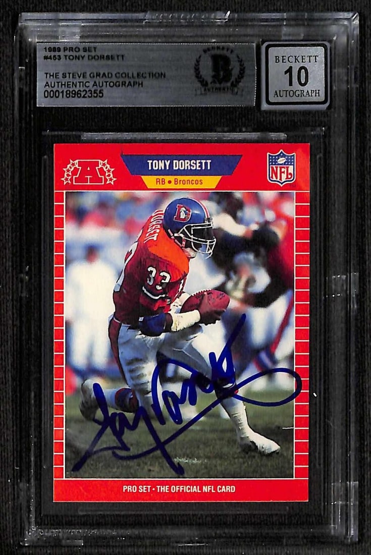 1989 Pro Set Tony Dorsett Broncos autograph Beckett 10 card: 1989 Pro Set Tony Dorsett Broncos autograph Beckett 10 card This is a signed 1989 Pro Set football card featuring Denver Broncos running back Tony Dorsett. The card is encapsulated and authenticated b