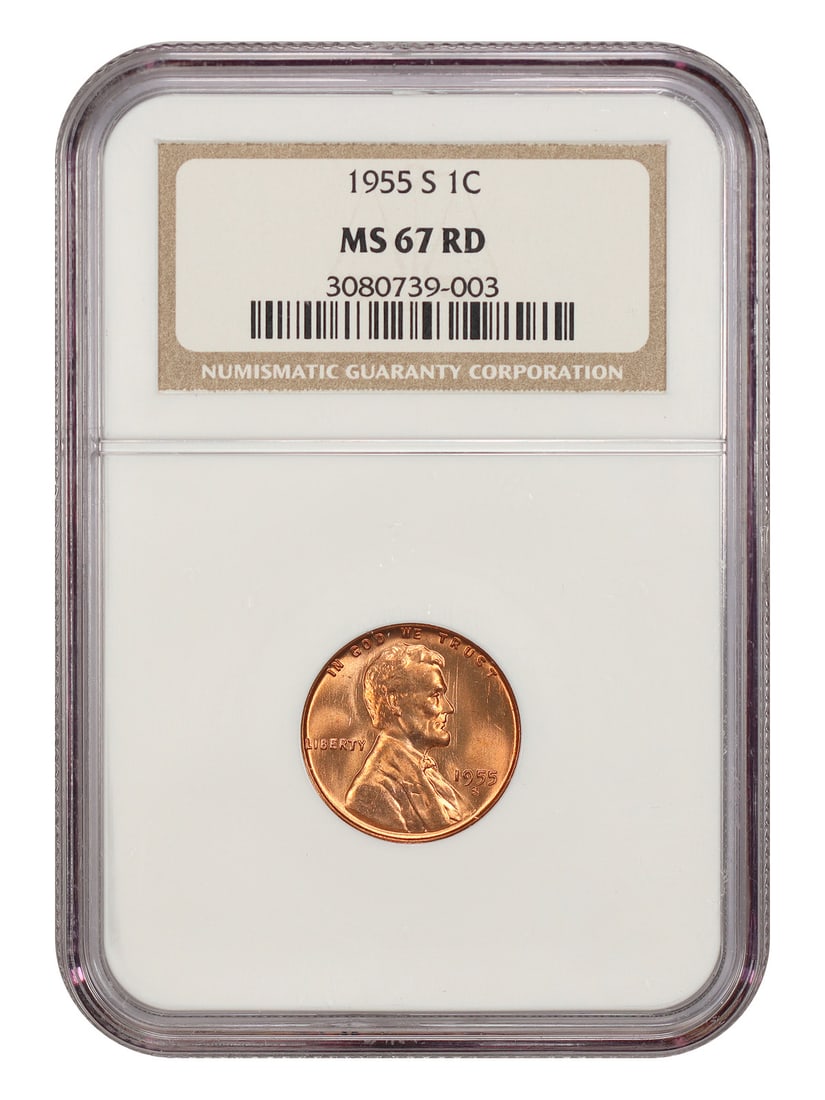 NGC MS67RD 1955 S Lincoln Wheat Cent 1C: NGC MS67RD 1955 S Lincoln Wheat Cent 1C 1955 Lincoln Cent with Wheat Reverse, struck in San Francisco and certified by NGC as MS67RD. This uncirculated pre-owned coin features the RD color