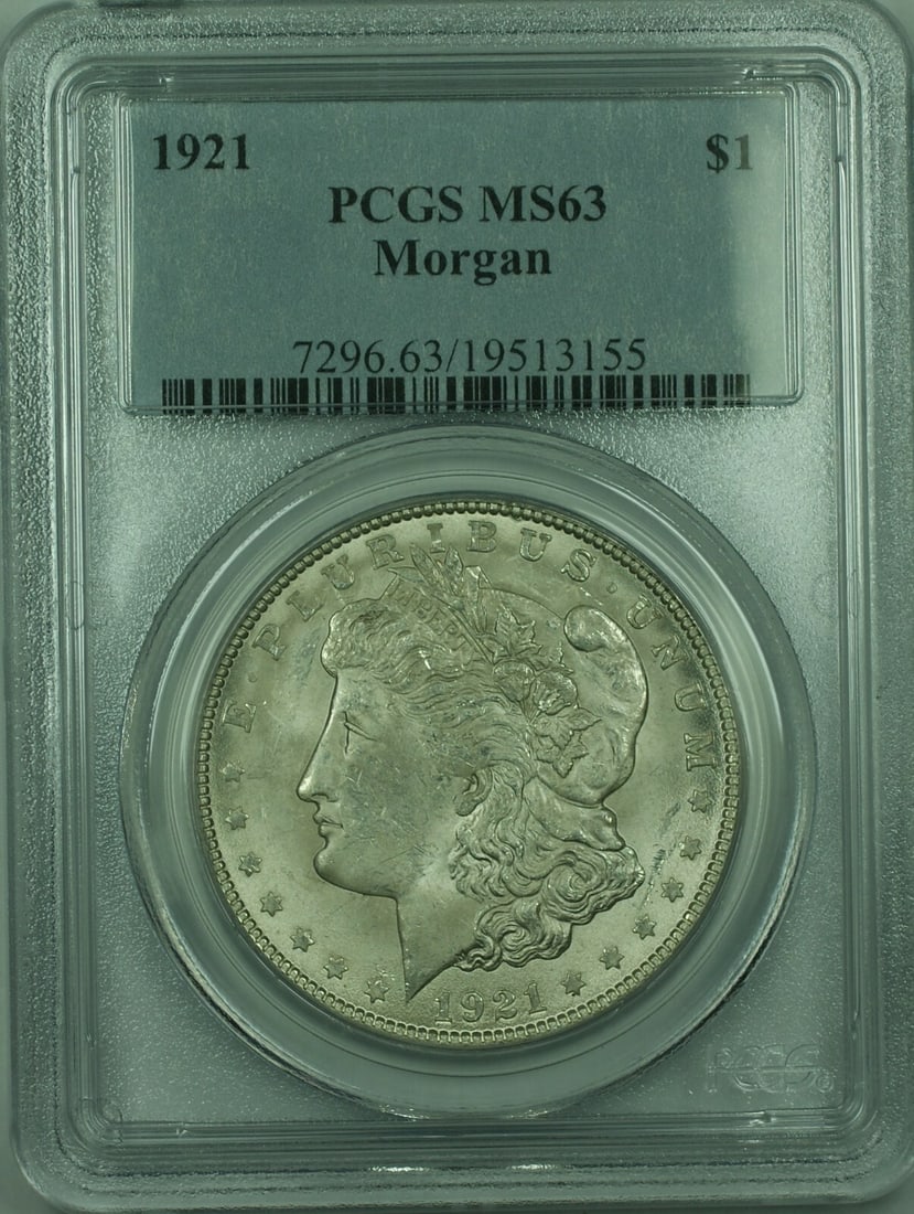 PCGS MS 63 1921 Morgan $1 Silver Dollar Philadelphia Mint: PCGS MS 63 1921 Morgan $1 Silver Dollar Philadelphia Mint This 1921 Morgan Silver Dollar is a $1 coin from the United States, graded MS-63 by PCGS. The coin is composed of 90% silver and was minted in
