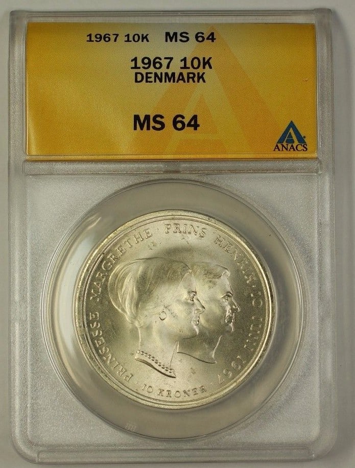 Denmark 1967 Ten Kroner Silver Coin ANACS MS-64 Certified (1 of 2)