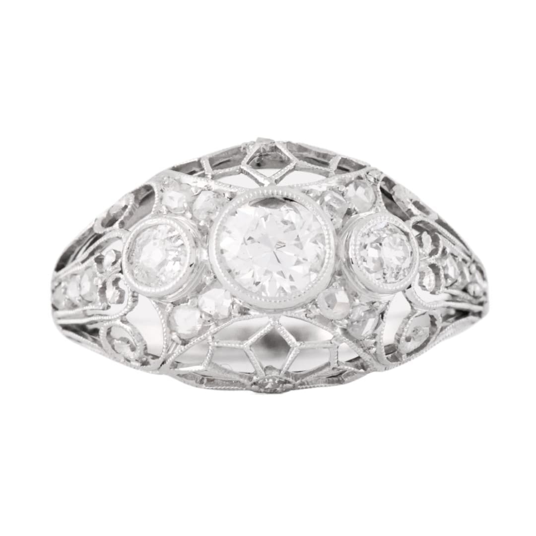 Antique 3 Stone Platinum Diamond Ring Old Cut and Rose Cut Size 5.75: Antique 3 Stone Platinum Diamond Ring Old Cut and Rose Cut Size 5.75 Antique three-stone diamond ring crafted in platinum, featuring a 0.40 carat old cut center diamond with old cut and rose cut diamo