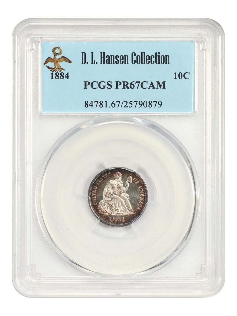 Liberty Seated Dime 1884 PCGS PR67CAM 10C: Liberty Seated Dime 1884 PCGS PR67CAM 10C 1884 Liberty Seated Dime certified by PCGS as PR67CAM. This uncirculated example shows deep peach, violet, and blue peripheral toning that transitions to ligh