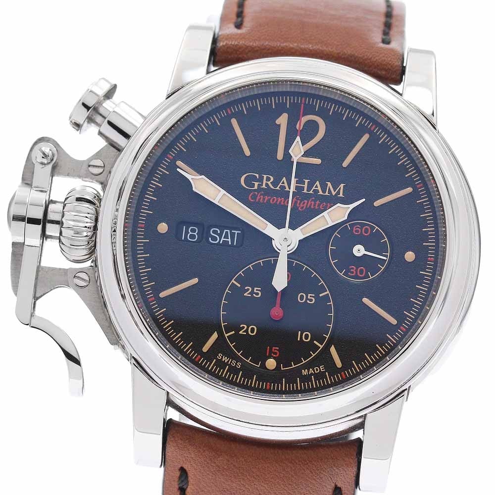 GRAHAM Chronofighter Vintage 2CVAS.B03A Mens Automatic Day Date Watch: GRAHAM Chronofighter Vintage 2CVAS.B03A Mens Automatic Day Date Watch Graham Chronofighter Vintage Day-Date automatic men's wristwatch with a black dial, stainless steel case, and leather strap. This 