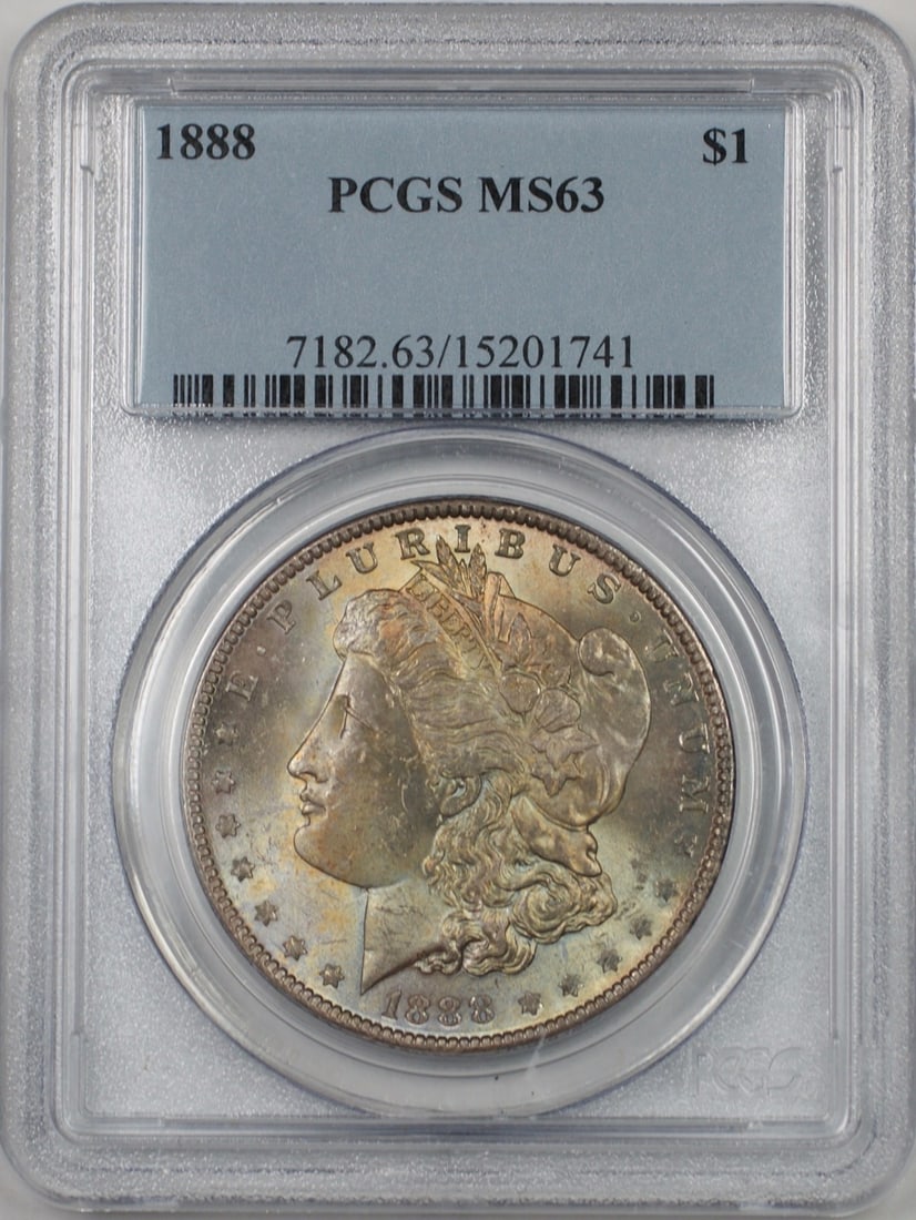 PCGS MS-63 1888 Morgan $1 Silver Dollar Toned: PCGS MS-63 1888 Morgan $1 Silver Dollar Toned 1888 Morgan Silver Dollar $1 coin with toned surfaces, graded MS-63 by PCGS. This United States coin is an uncirculated pre-owned example. Specifications 
