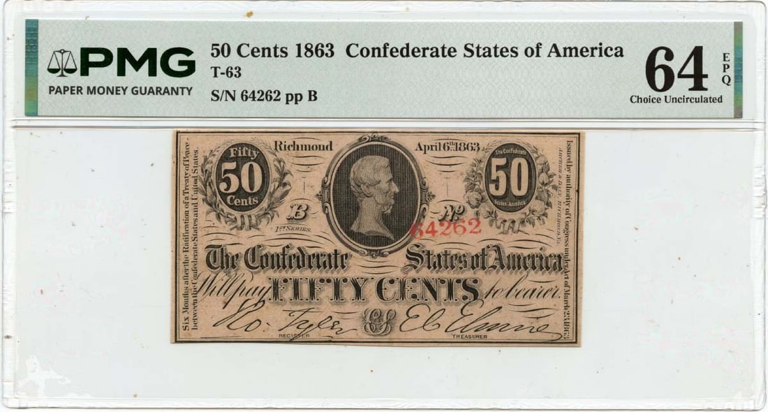 Confederate States 1863 Fifty Cent Note PMG Graded CU64 EPQ: Confederate States 1863 Fifty Cent Note PMG Graded CU64 EPQ This is a 50 Cents Confederate States of America note from 1863, certified by PMG with a grade of CU64 EPQ Choice. The note is uncirculated 