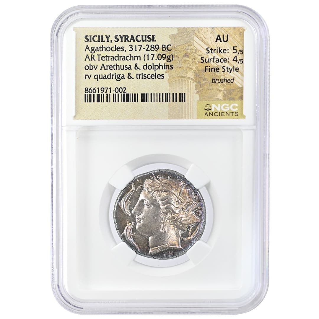 NGC AU Agathocles Syracuse Sicily Silver AR Tetradrachm 317-289 BC 17.09g: NGC AU Agathocles Syracuse Sicily Silver AR Tetradrachm 317-289 BC 17.09g Ancient Sicily Syracuse AR tetradrachm of Agathocles, dated 317-289 BC. This silver coin is certified by NGC and graded AU, wi
