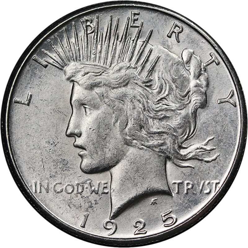 Uncirculated 1925 S Peace Silver Dollar BU Bright White: Uncirculated 1925 S Peace Silver Dollar BU Bright White 1925-S Peace Dollar with bright white color, nice luster, and a strong strike. This uncirculated silver coin is described as Nice BU and present