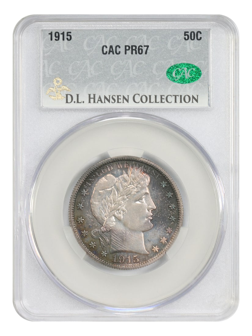 1915 Barber Half Dollar 50C PR67 CACG ex D.L. Hansen: 1915 Barber Half Dollar 50C PR67 CACG ex D.L. Hansen 1915 Barber Half Dollar certified PR67 by CACG. From a mintage of just 450 pieces, the 1915 issue is the last in the Proof Barber half dollar serie