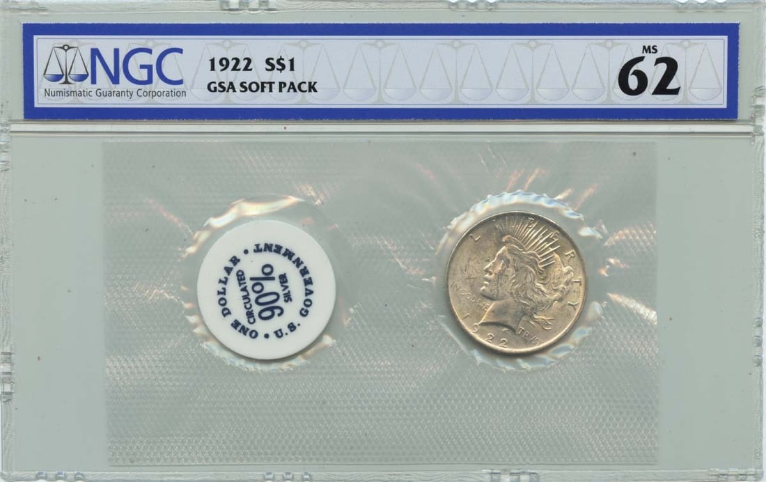 NGC MS62 1922 United States Peace Dollar GSA Soft Pack: NGC MS62 1922 United States Peace Dollar GSA Soft Pack 1922 Peace Dollar in a GSA soft pack, graded MS62 by NGC. This pre-owned United States coin is an uncirculated example of the Peace Dollar series