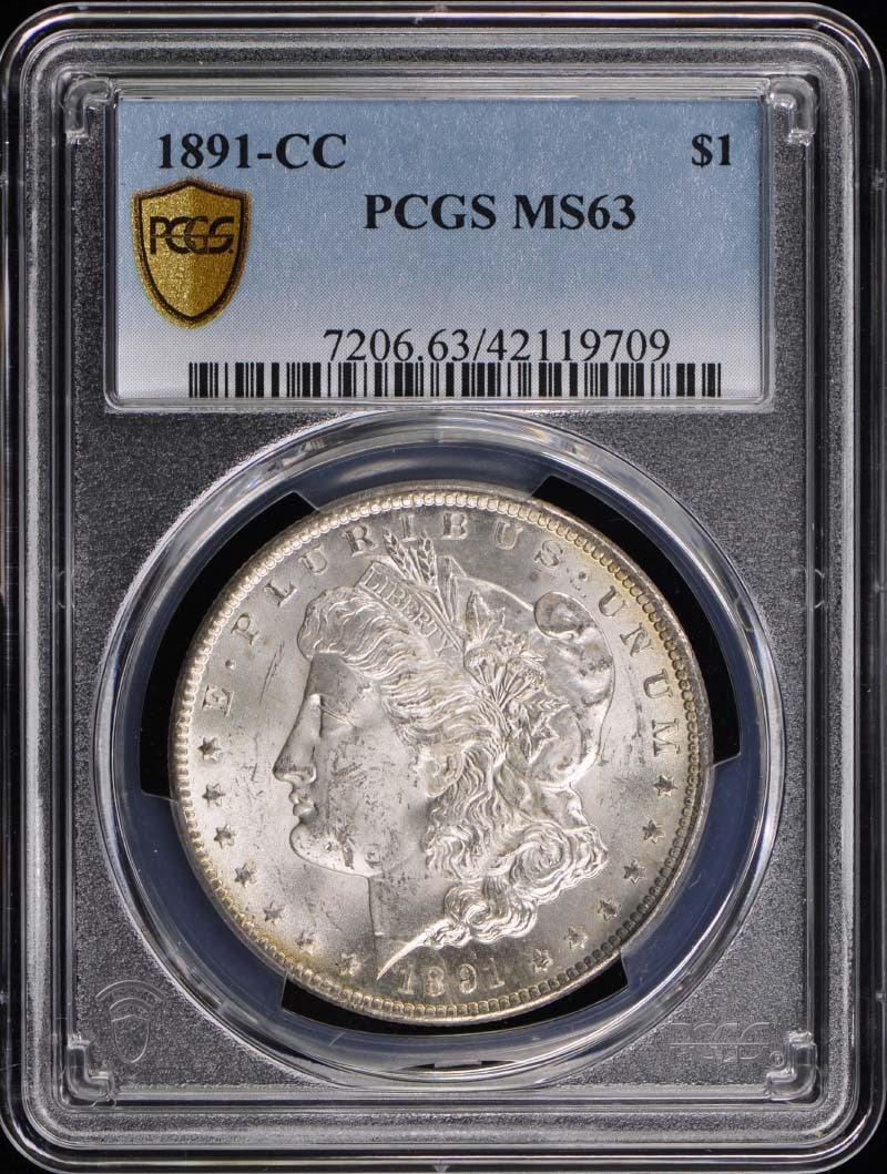 1891-CC Morgan Dollar PCGS MS63 Uncirculated Coin: 1891-CC Morgan Dollar PCGS MS63 Uncirculated Coin This 1891-CC Morgan Dollar is certified by PCGS with a grade of MS63, indicating it is in uncirculated condition. Minted in Carson City, this coin is 