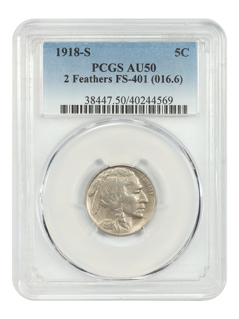Buffalo Nickel 1918 S 5C PCGS AU50 2 Feathers FS-401: Buffalo Nickel 1918 S 5C PCGS AU50 2 Feathers FS-401 1918-S Buffalo Nickel certified by PCGS as AU50 with the 2 Feathers, FS-401 variety. This circulated coin is offered in a PCGS holder, and we note 