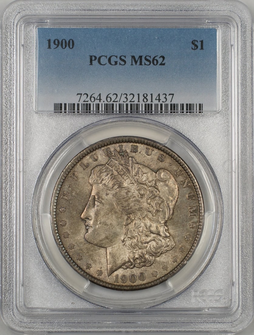 PCGS MS-62 1900 Morgan $1 Silver Dollar Toned: PCGS MS-62 1900 Morgan $1 Silver Dollar Toned 1900 Morgan Silver Dollar $1 graded PCGS MS-62 with toned surfaces. This uncirculated silver coin is a pre-owned example from the United States. Specifica